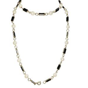 Vintage Necklace Long Elegant Black Onyx Bars and Faux Pearls Beaded Gold Tone